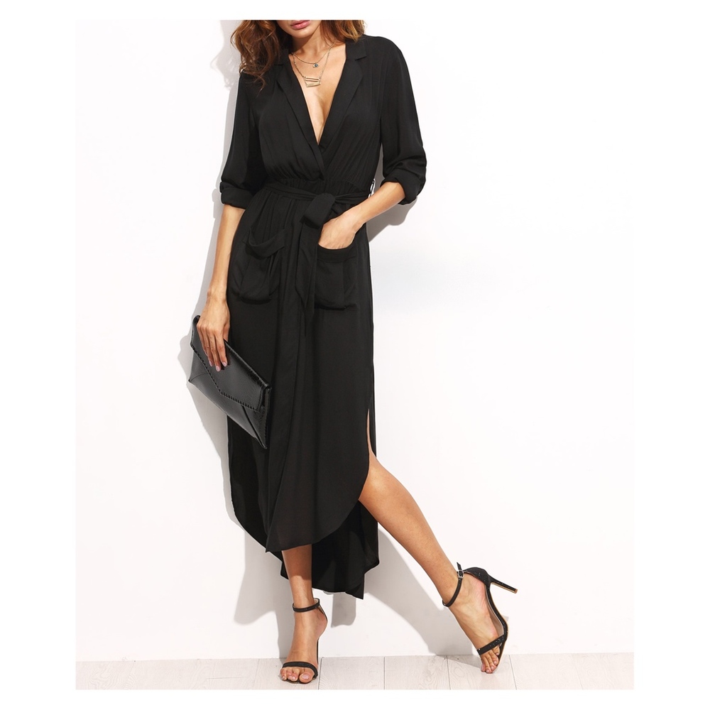 Black Button Down Maxi Shirt Dress Belted - Picture 6 of 7